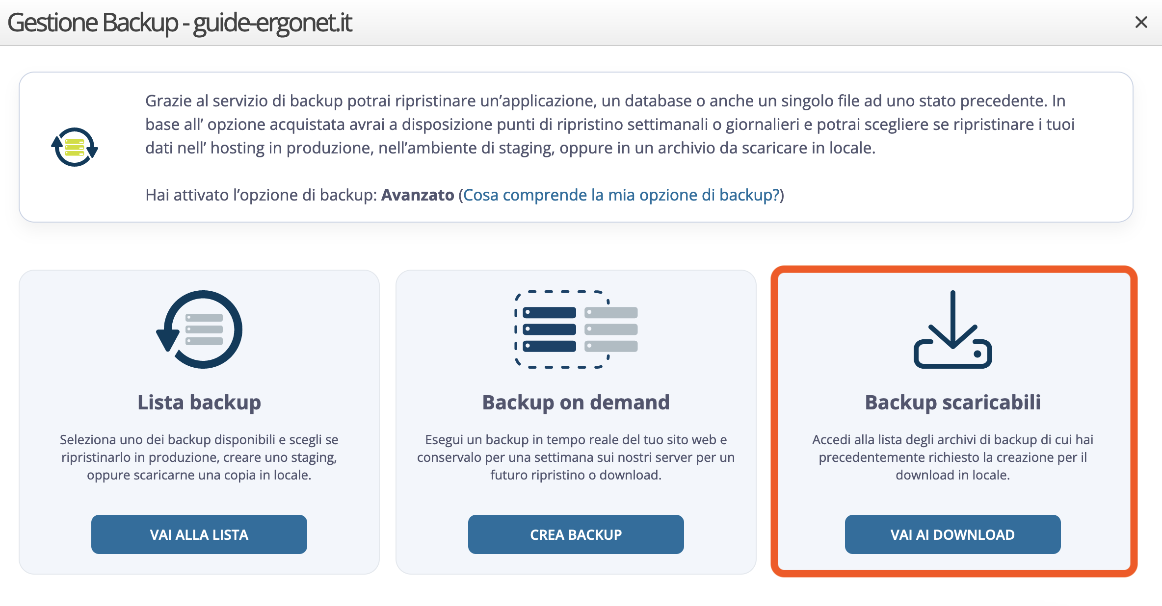WebPanel Ergonet - Accesso Backup scaricabili